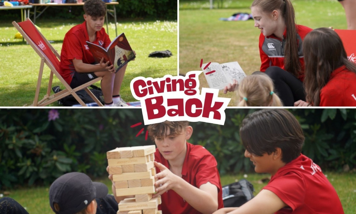 Students reading books and playing games with younger children at Lingfield College
